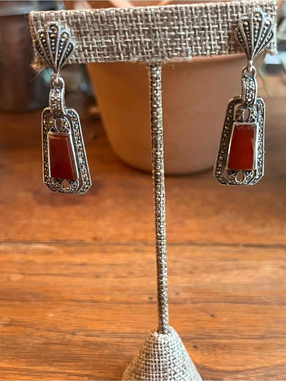 Handcrafted Art Deco Red Agate Marcasite Drop Earrings - Women's Jewelry